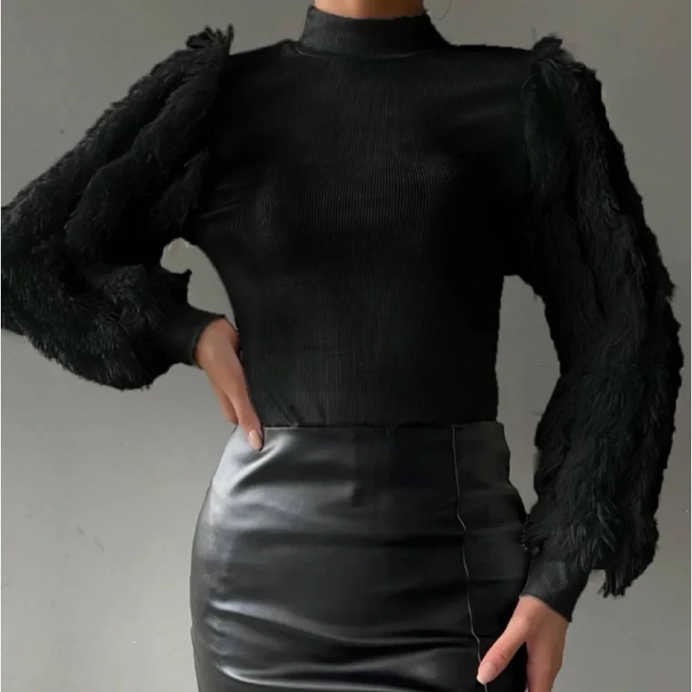 Cozy Faux Fur Fuzzy Long Puff Cuff Sleeve Mock Neck Top Blouse Shirt Black - Picture 3 of 16